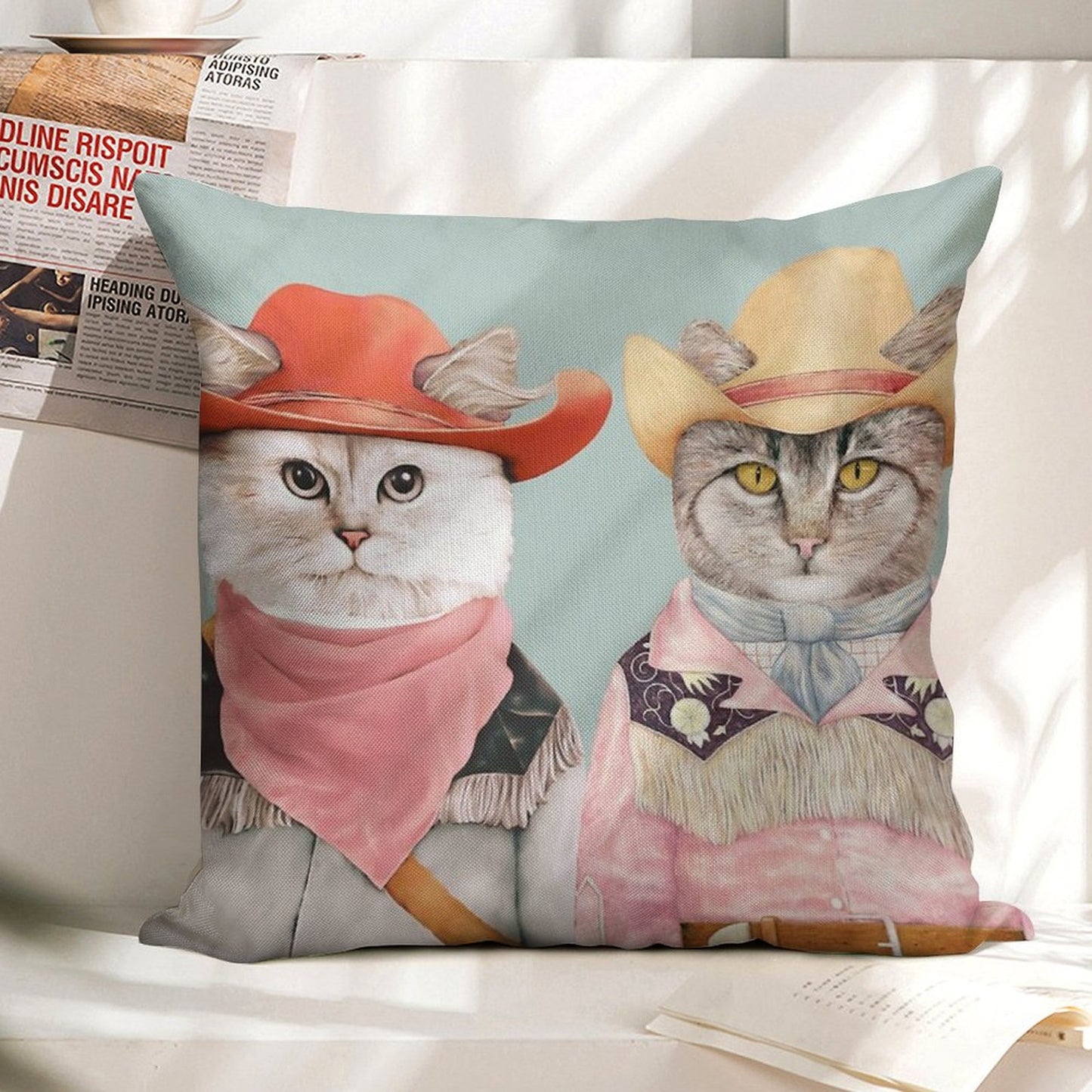 Cowboy Cats Linen Throw Pillow Cover