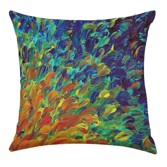 FOLLOW THE CURRENT 1, Bold Colorful Abstract Acrylic Painting Ocean Waves Blue Orange Splash Ombre Fine Art Linen Throw Pillow Cover