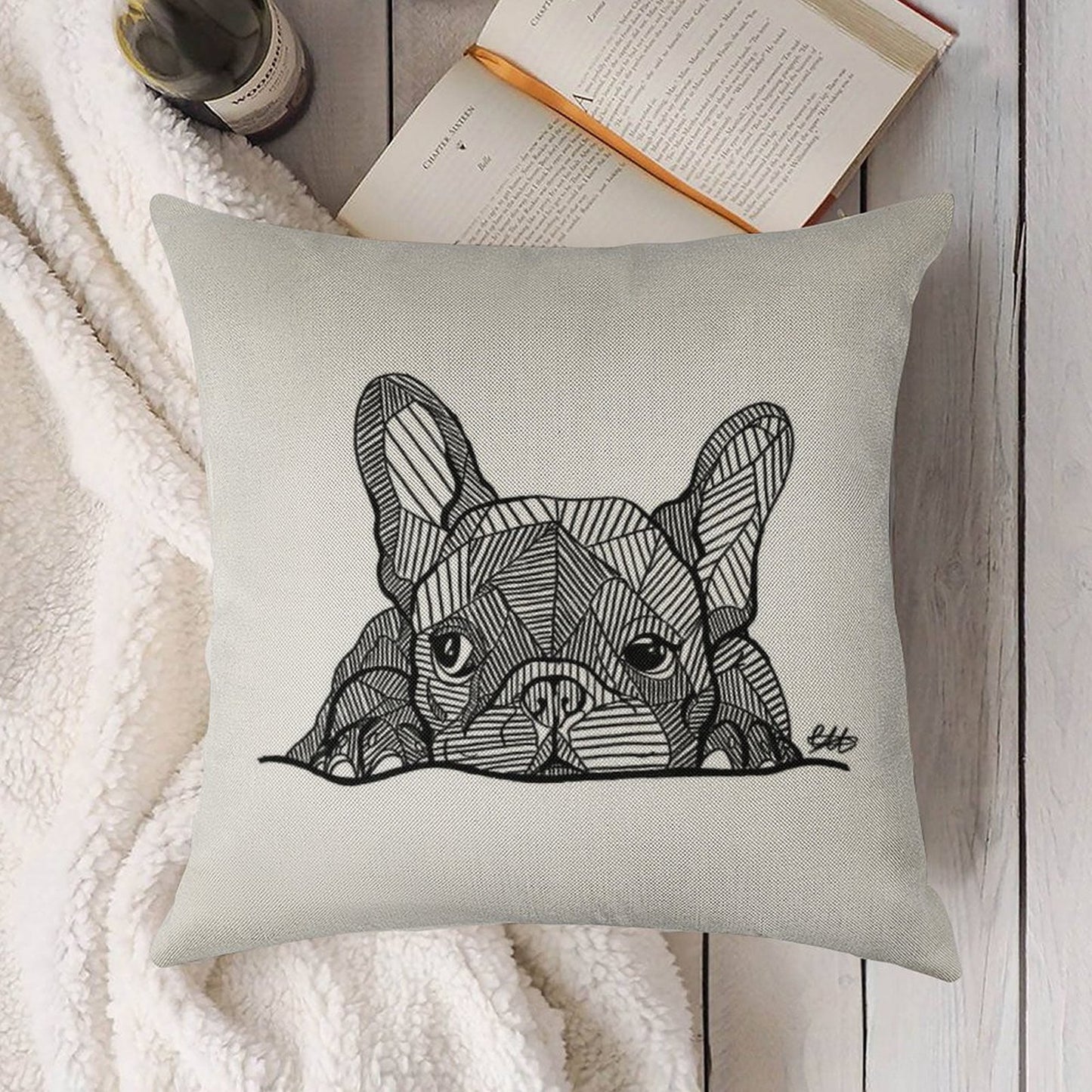 French Bulldog Puppy Linen Throw Pillow Cover