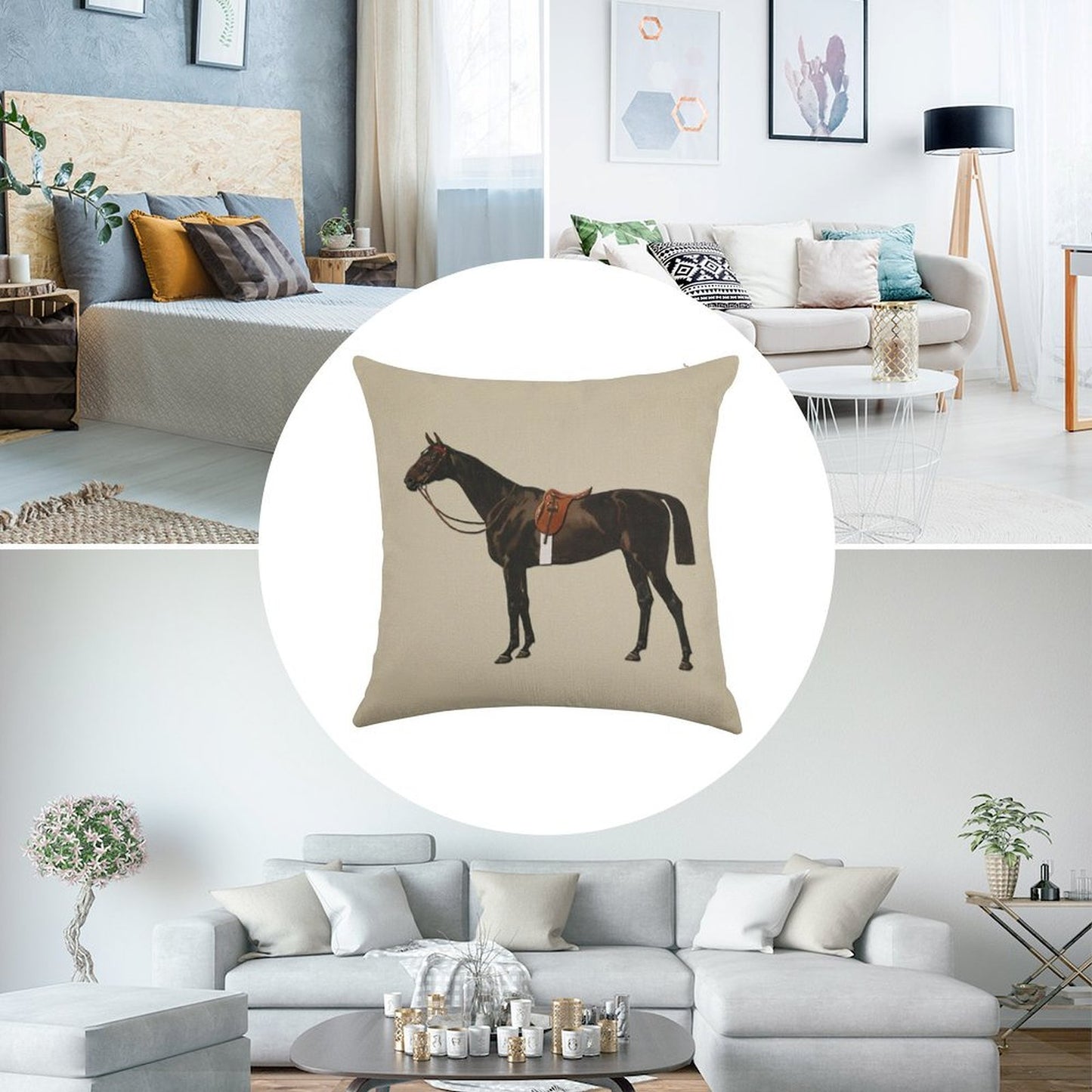 Vintage Equestrian Saddled Riding Horse Linen Throw Pillow Cover
