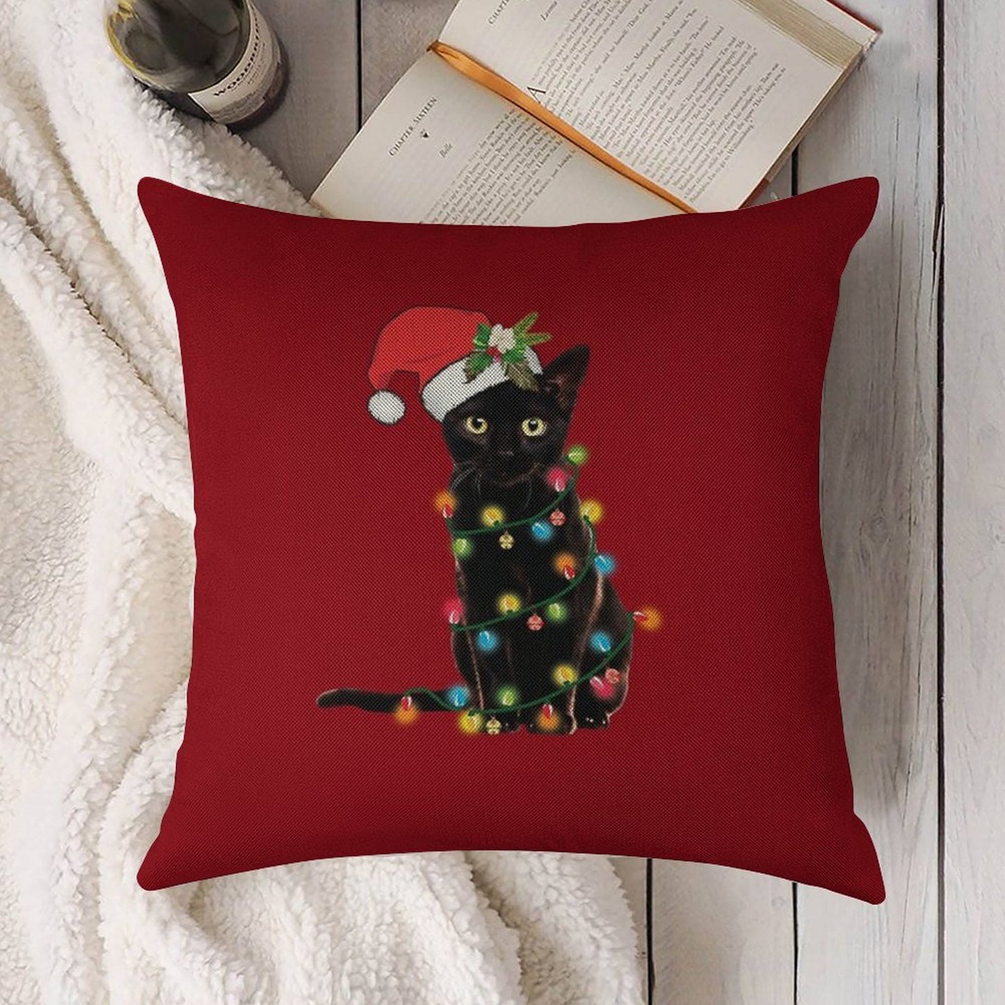 Santa Black Cat Tangled Up In Christmas Tree Lights Holiday Linen Throw Pillow Cover