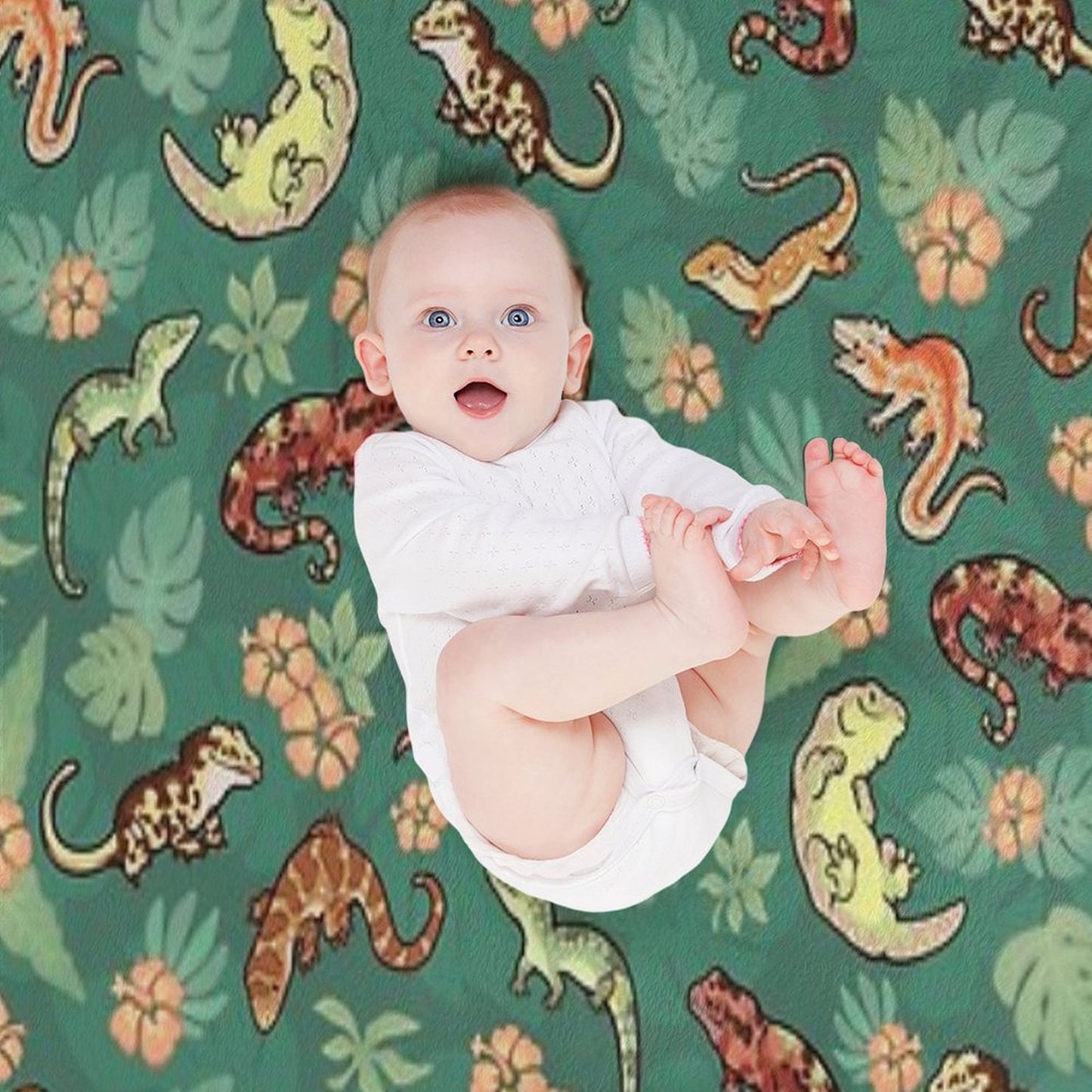 Gecko Family in Green Throw Blanket