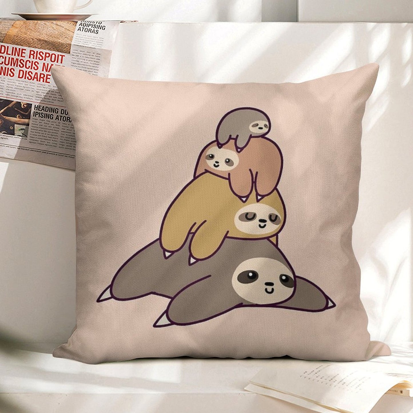 Sloth Stack Linen Throw Pillow Cover