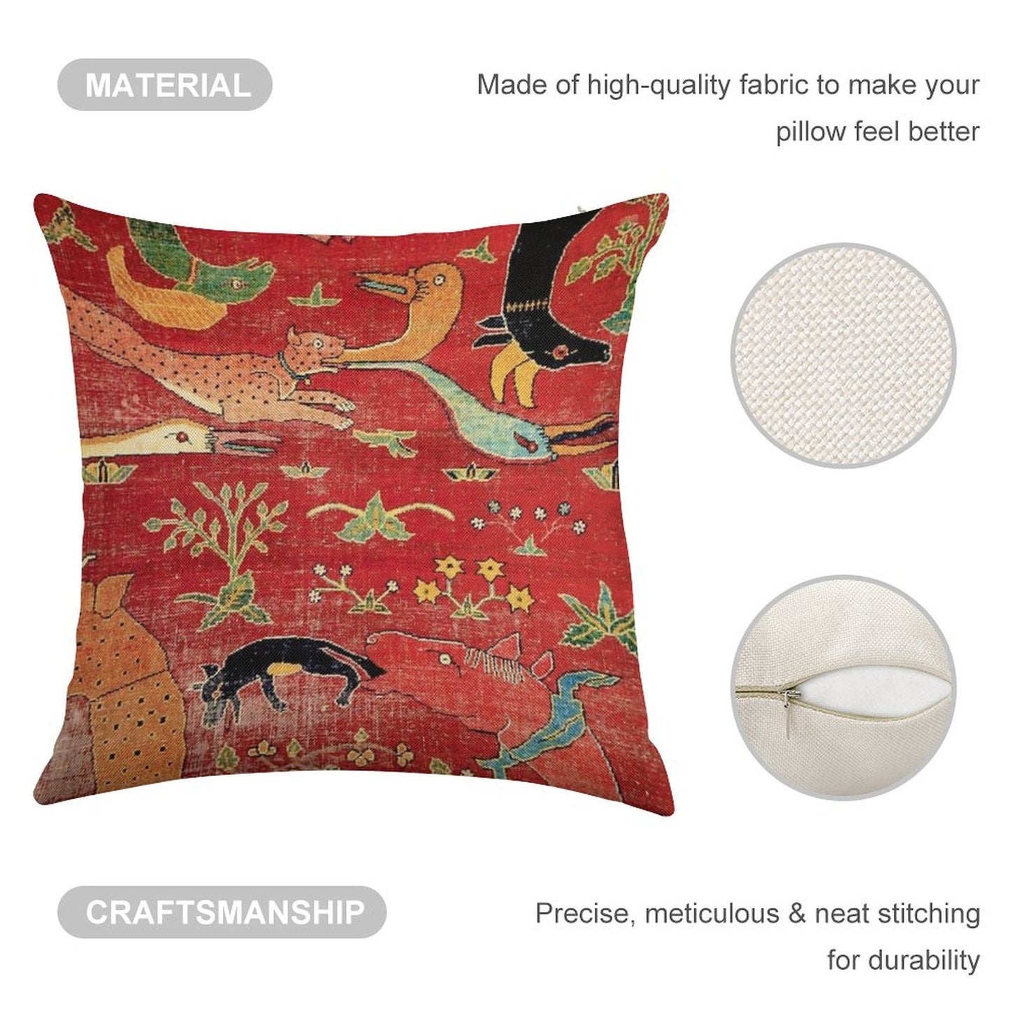 Animal Grotesques Mughal Carpet Fragment Linen Throw Pillow Cover