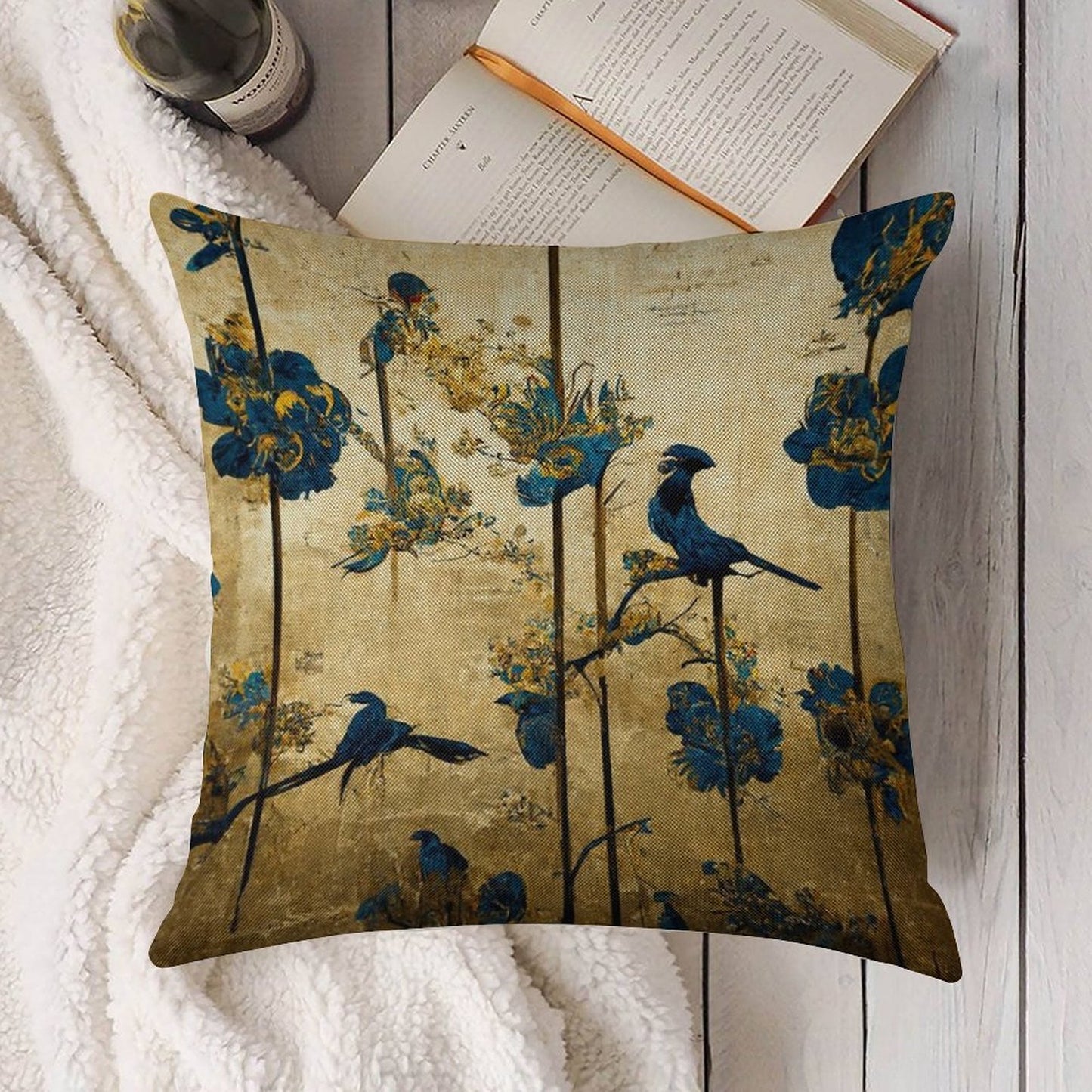 Blue And Gold Chinoiserie Painting with Birds And Flowers Linen Throw Pillow Cover