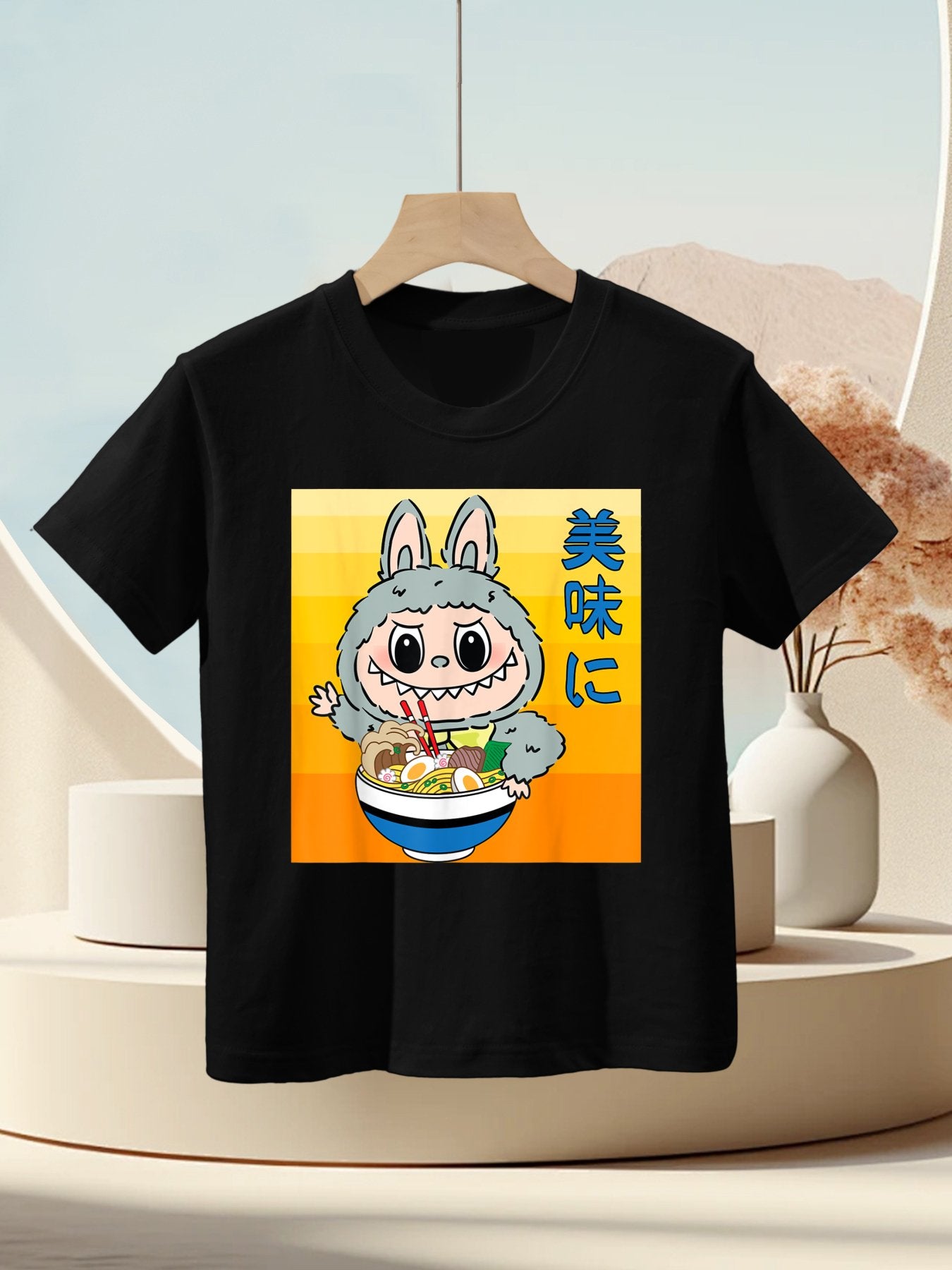 Funny Labubu Eating Ramen Japanese Monster Lover Birthday Kids T-Shirt