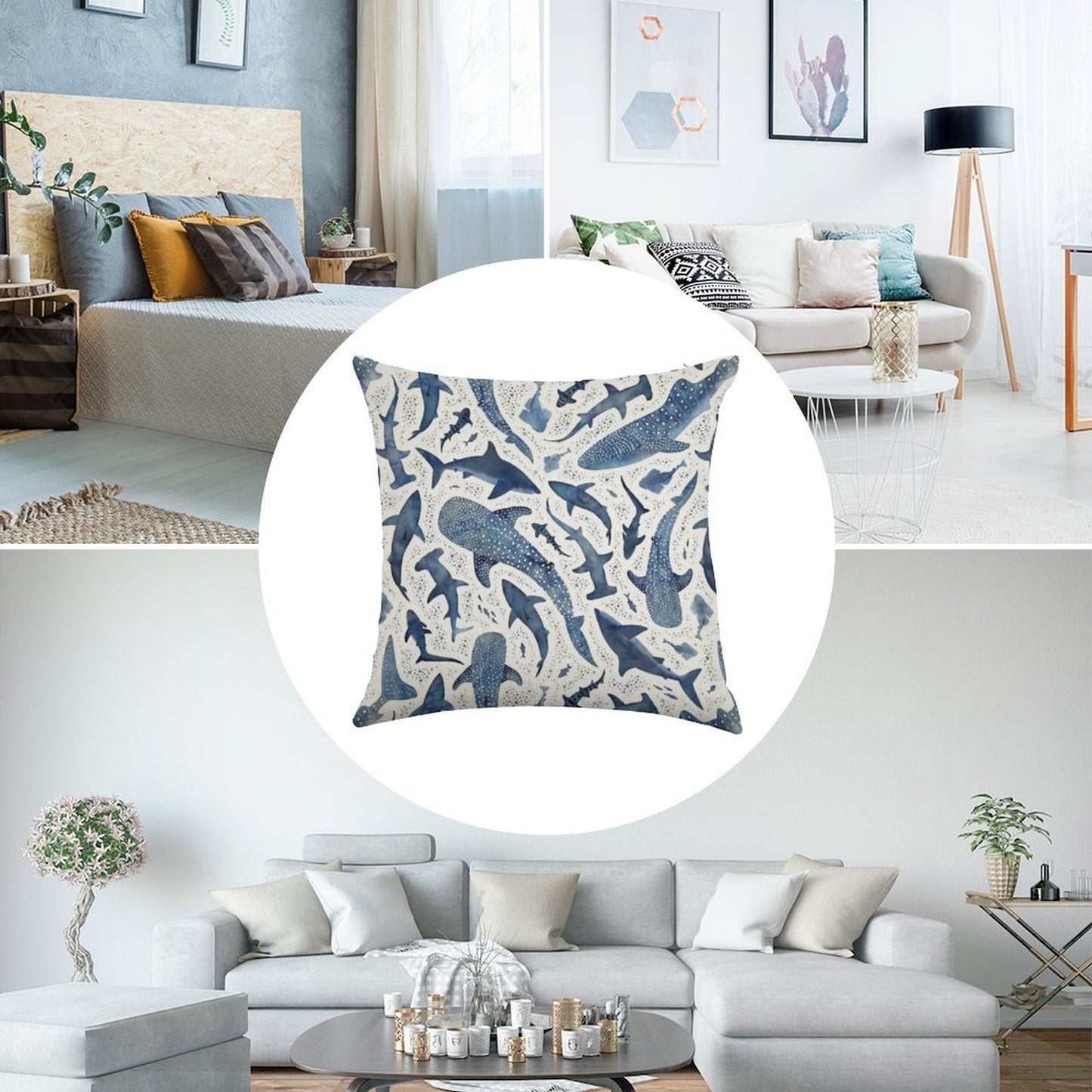 Monochrome Blue Watercolour Shark Ocean on White Linen Throw Pillow Cover