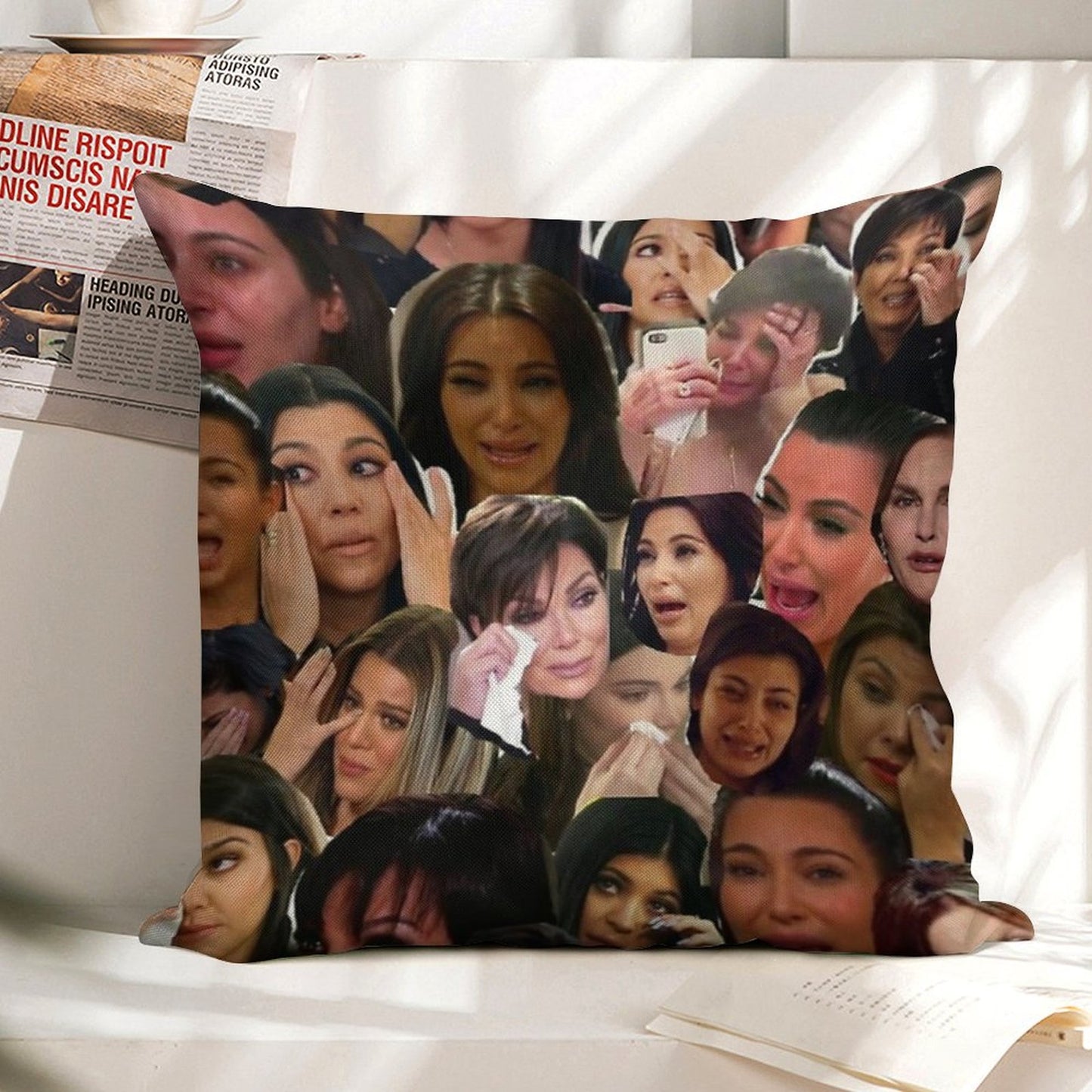 Kardashian's Crying Collage Linen Throw Pillow Cover