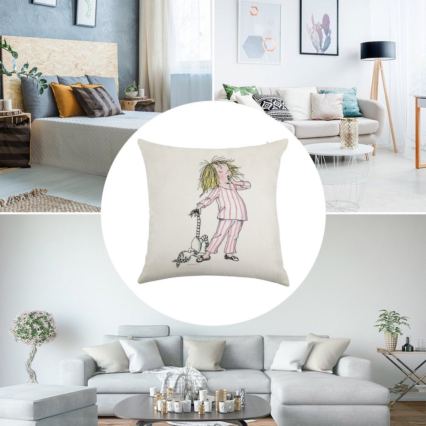 Yawning Eloise in Her Pajamas Linen Throw Pillow Cover