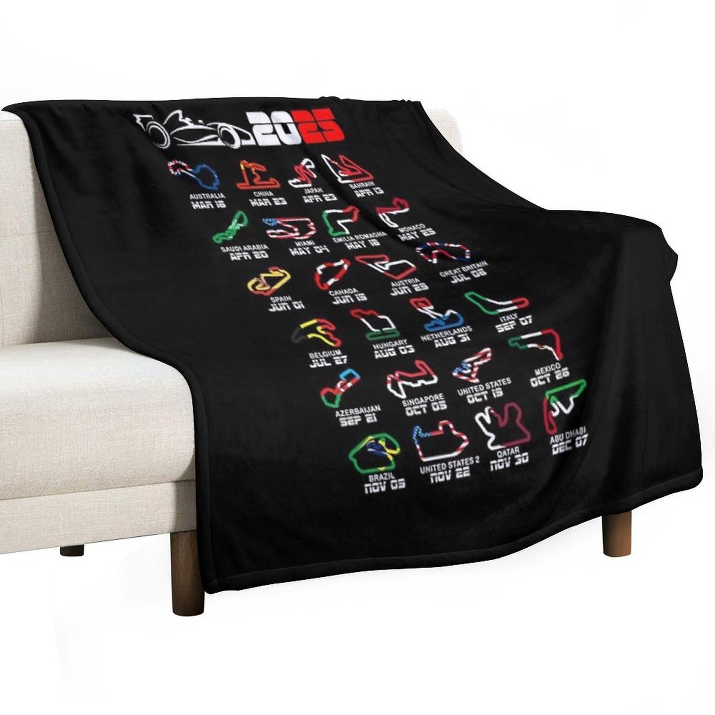 Calendar Formula Race Cars 2025 Circuits Colors Throw Blanket