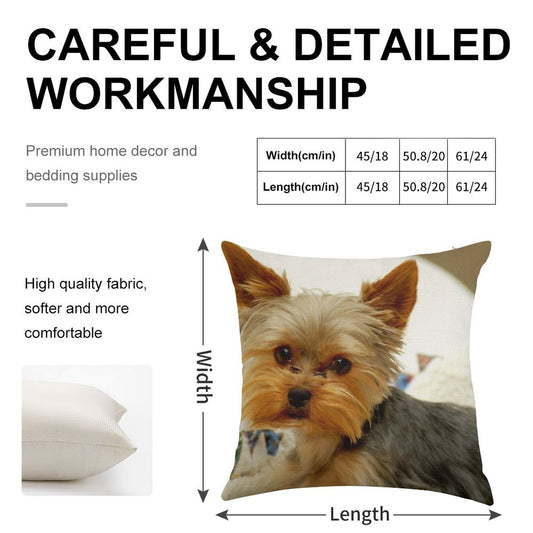 Yorkie in Bed Linen Throw Pillow Cover