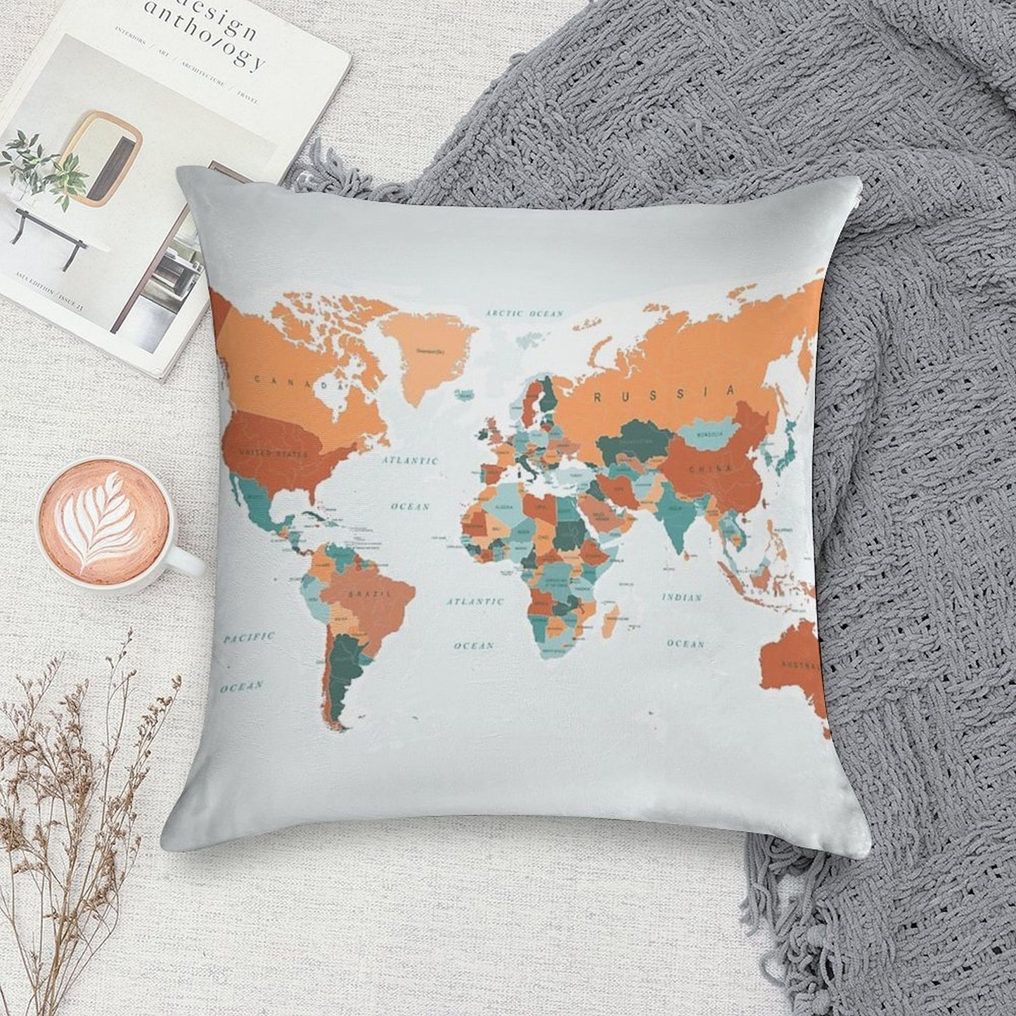 Map of The World in Burnt Orange And Teal Soft Luxury Feel Throw Pillow
