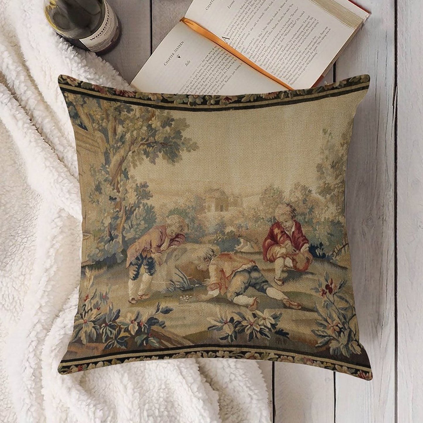 Aubusson Antique French Tapestry Print Linen Throw Pillow Cover