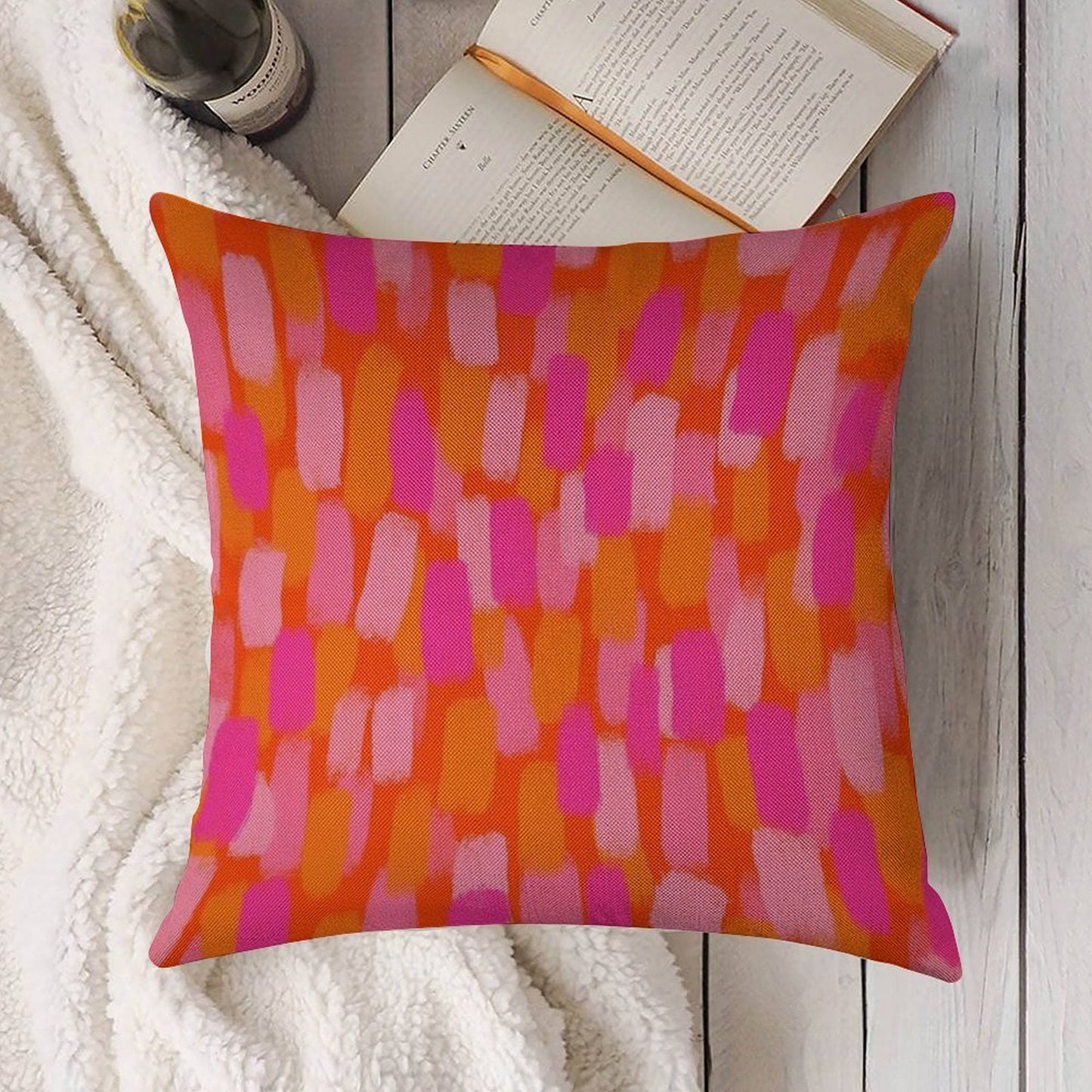 Abstract, Pink And Orange, Paint Brush Effect Linen Throw Pillow Cover