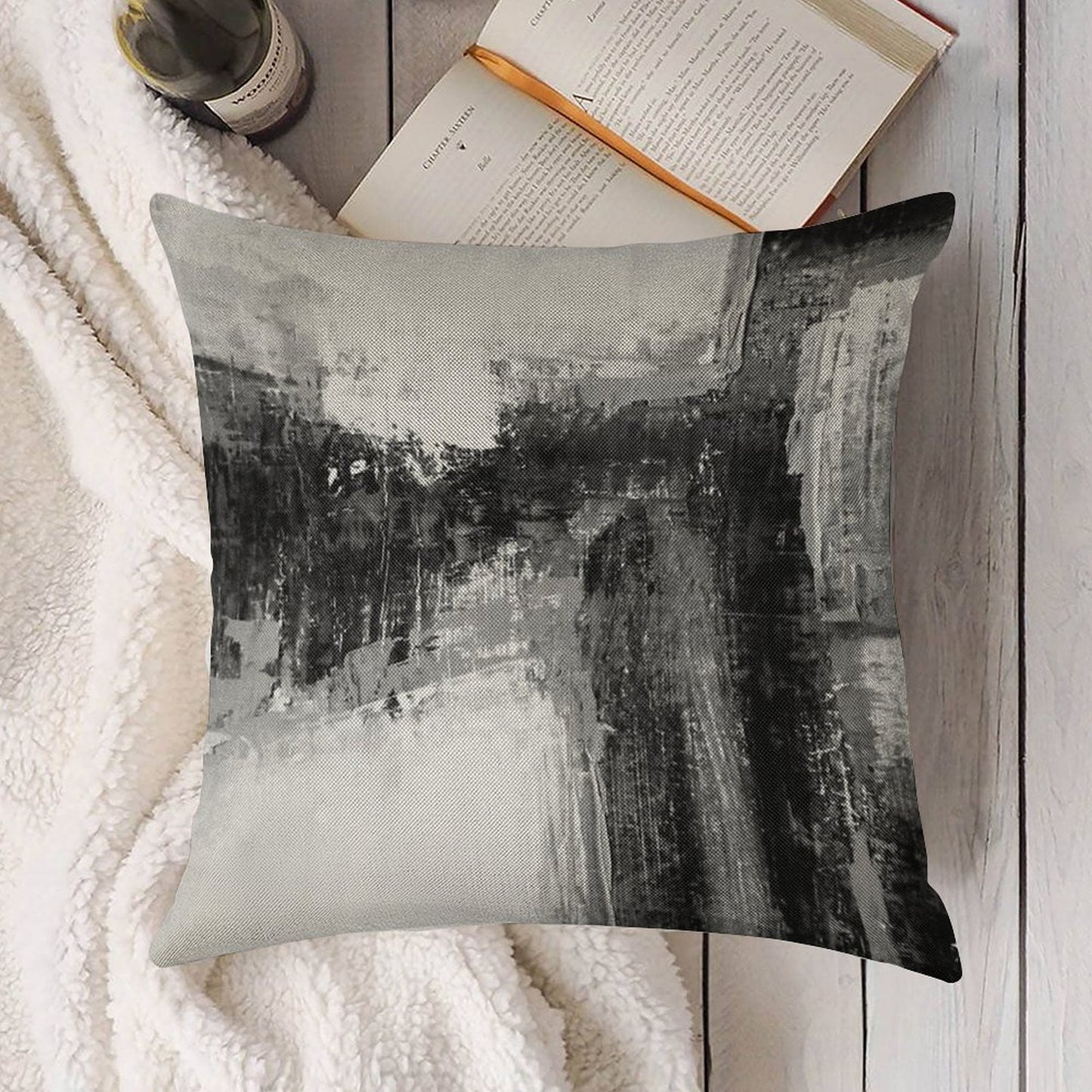 Black White Abstract Linen Throw Pillow Cover