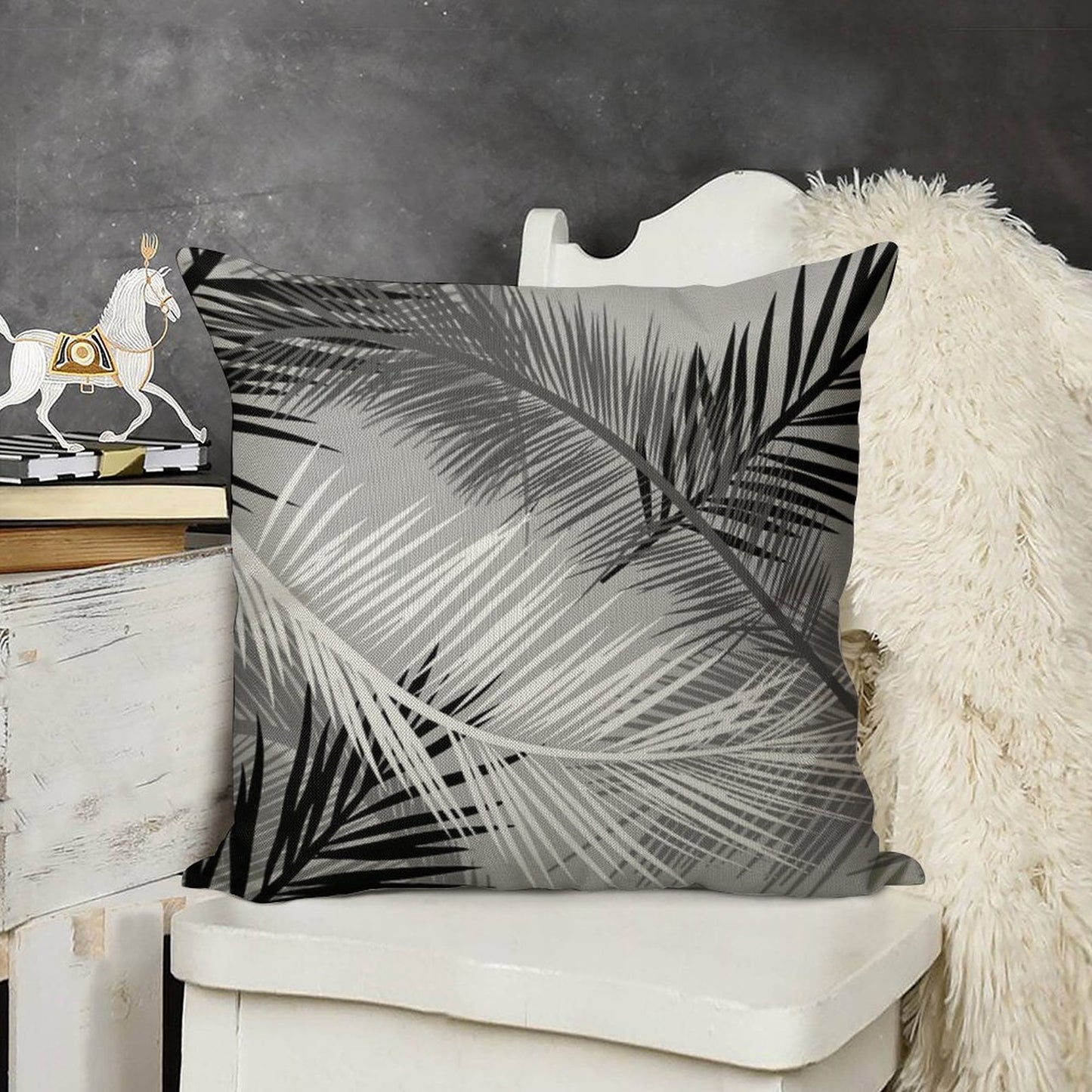 Palm Leaf Print, Gray, Black And White Linen Throw Pillow Cover