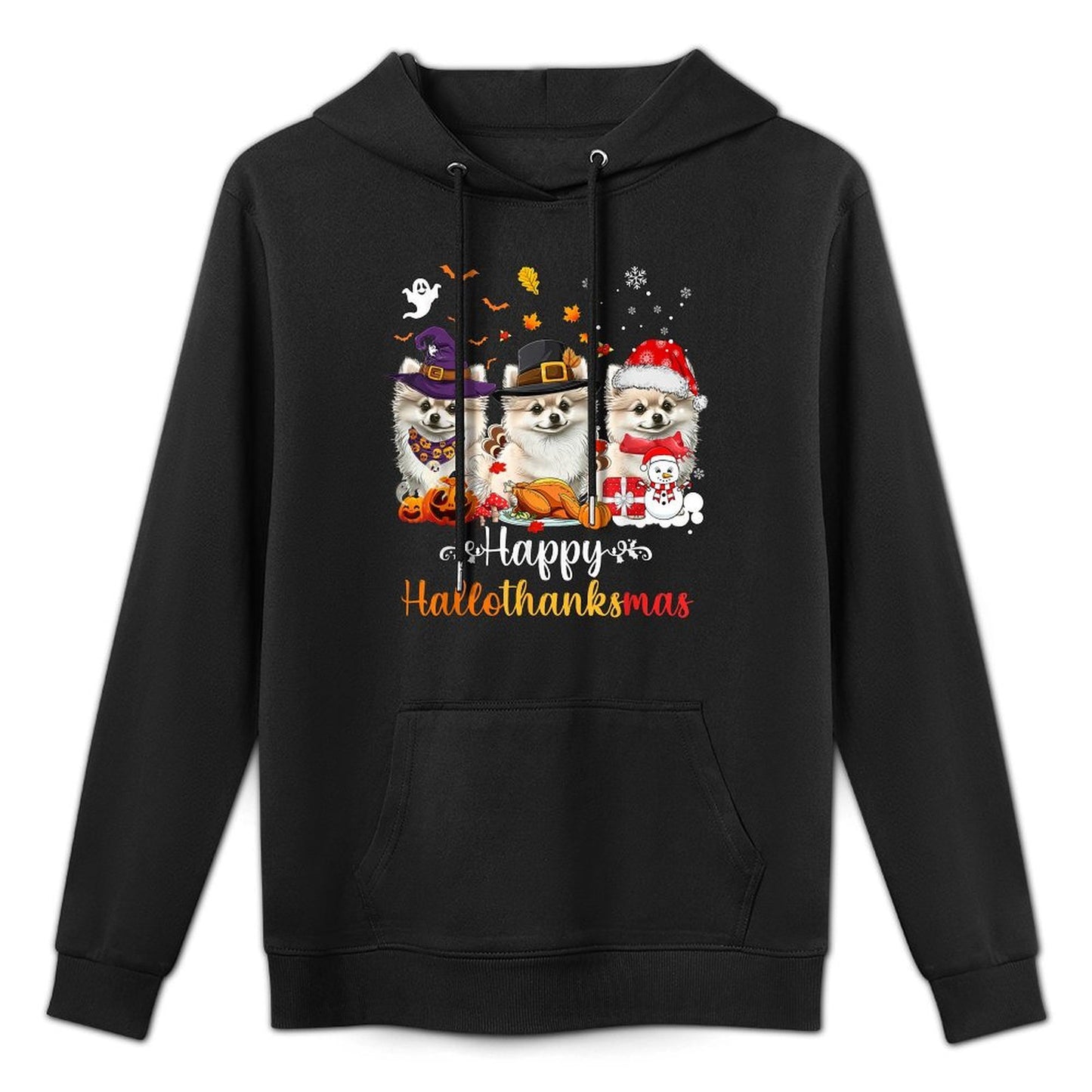 Happy Hallothanksmas Pomeranian Dog Halloween Christmas Medium-Weight Fabric Hoodie