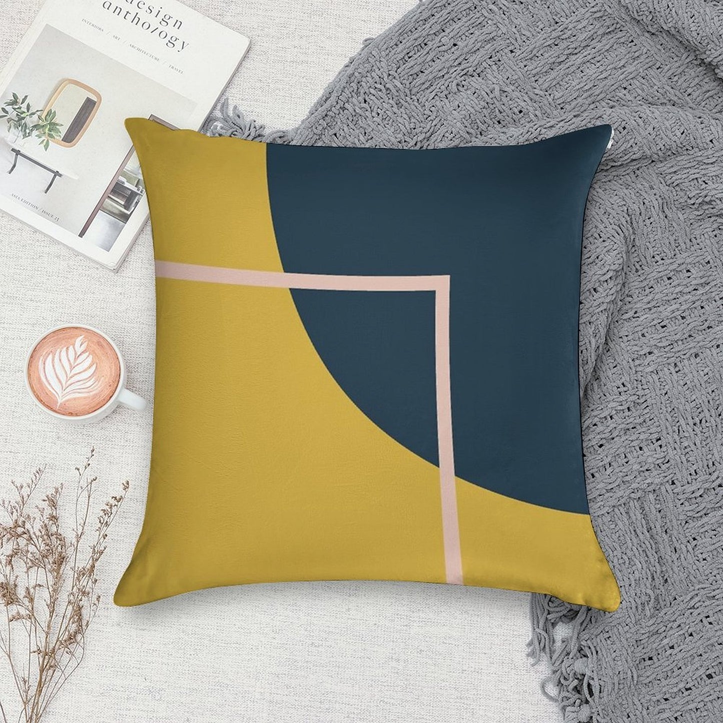 Abstract Geometric Minimalist Navy Blue, Mustard Yellow, And Blush Pink Soft Skin-Friendly Throw Pillow