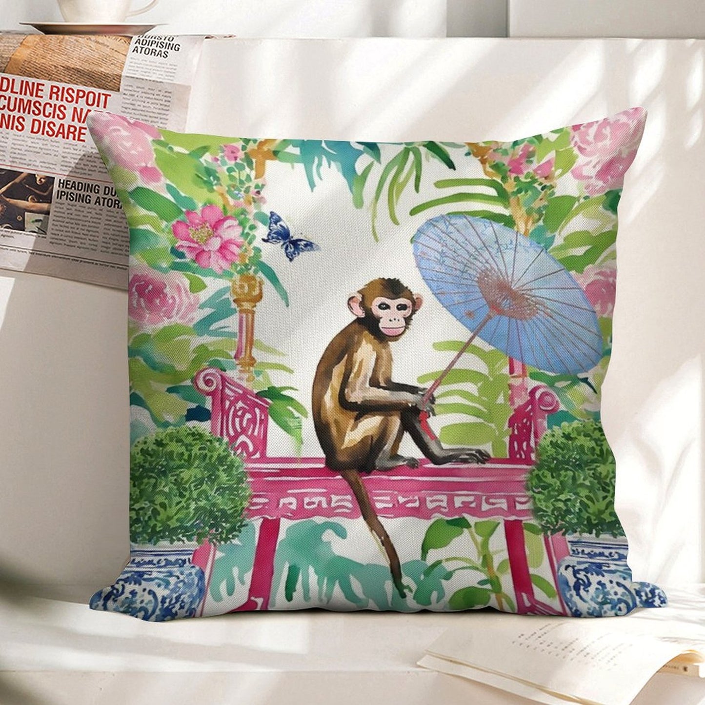 Monkey in Chinoiserie Garden Linen Throw Pillow Cover
