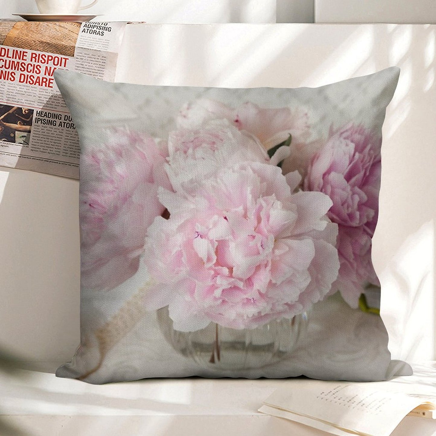 Pink Peonies Linen Throw Pillow Cover