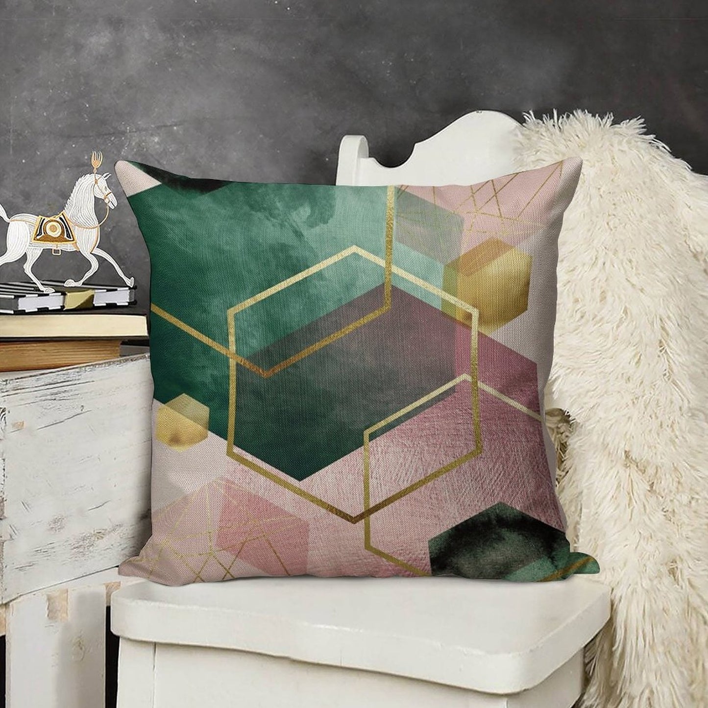Emerald Green And Pink Geo No 1 Linen Throw Pillow Cover