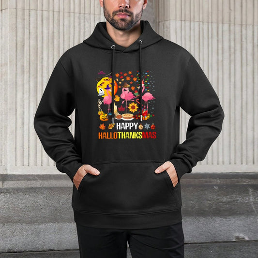 Happy Hallothanksmas Flamingo Halloween Thanksgiving Xmas Machine Washable Hoodie