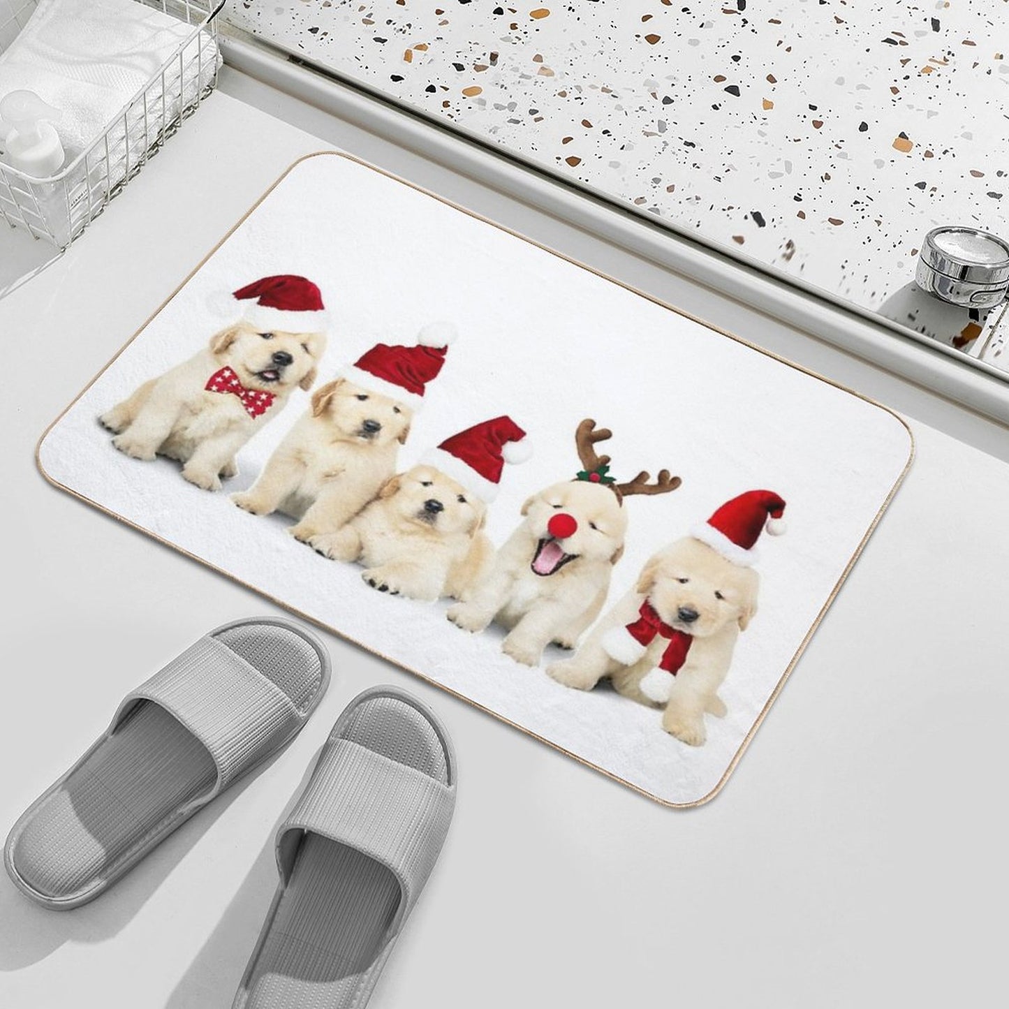 Xmas Golden Retriever Puppies Bath Mat