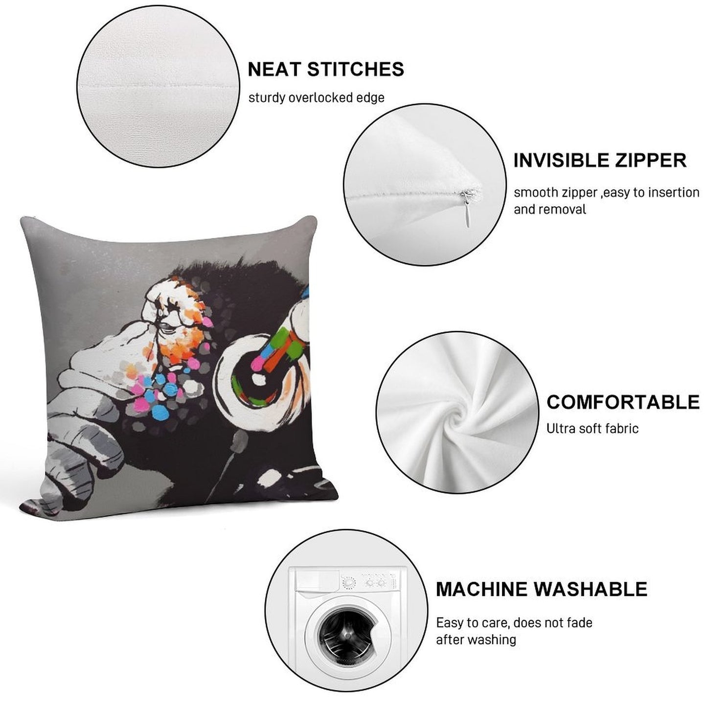 Banksy DJ Monkey Thinker with Headphones Soft Skin-Friendly Throw Pillow