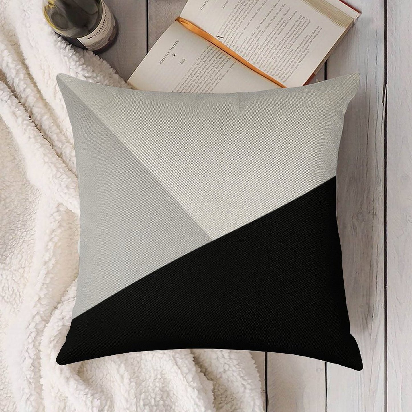 Monochromatic Black White Gray Color Block Linen Throw Pillow Cover