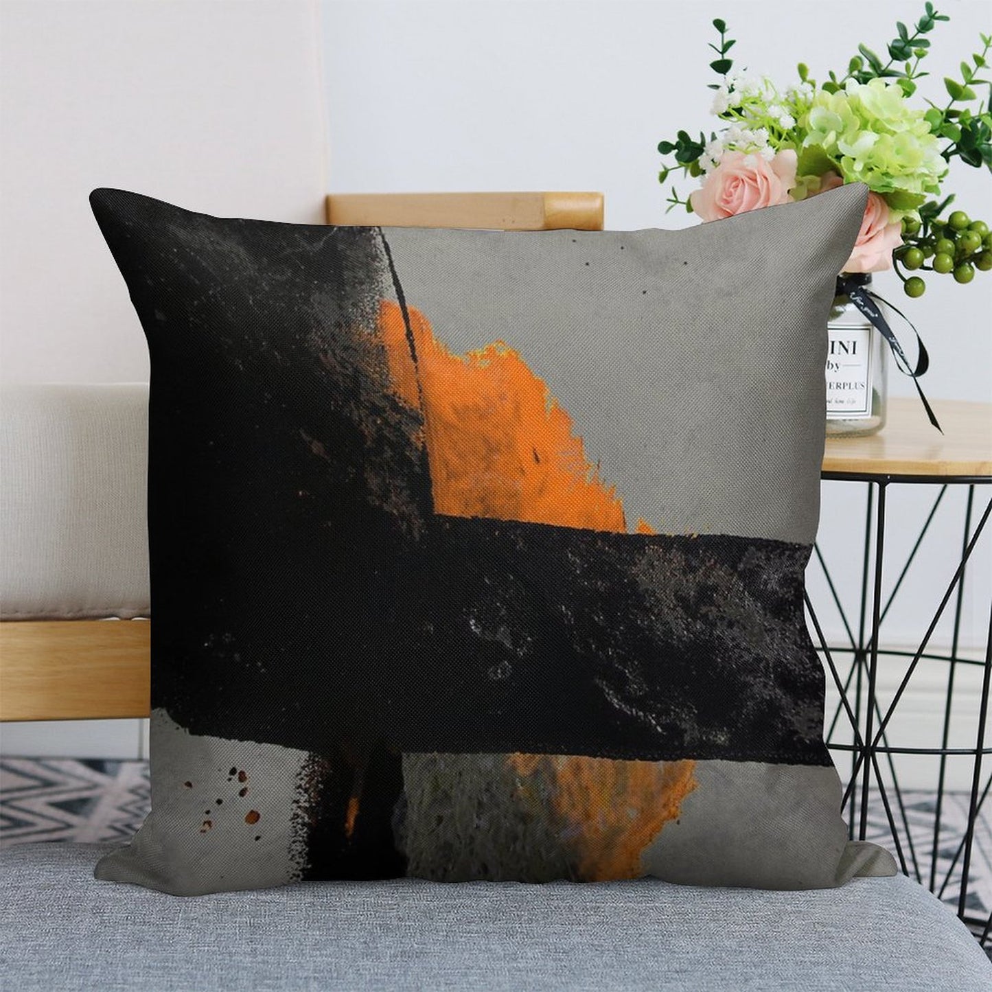 Minimal Orange on Black Linen Throw Pillow Cover