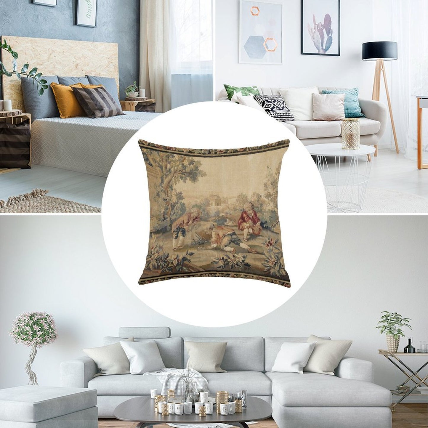 Aubusson Antique French Tapestry Print Linen Throw Pillow Cover