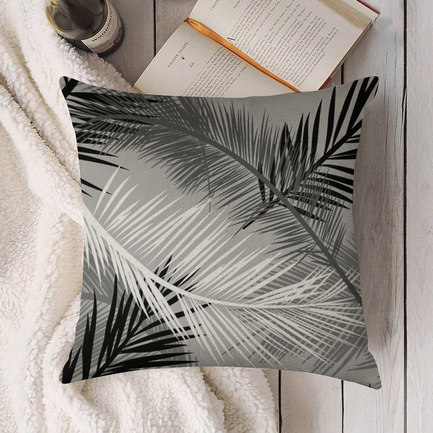Palm Leaf Print, Gray, Black And White Linen Throw Pillow Cover
