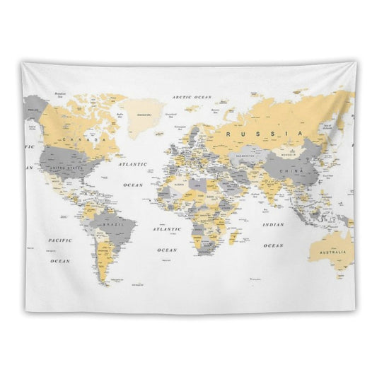 Map of The World Yellow And Grey Tapestry