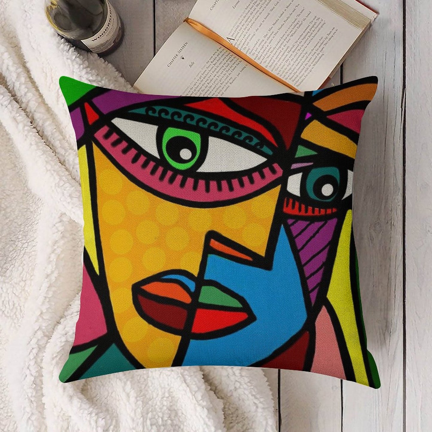 Funky Abstract Face Linen Throw Pillow Cover