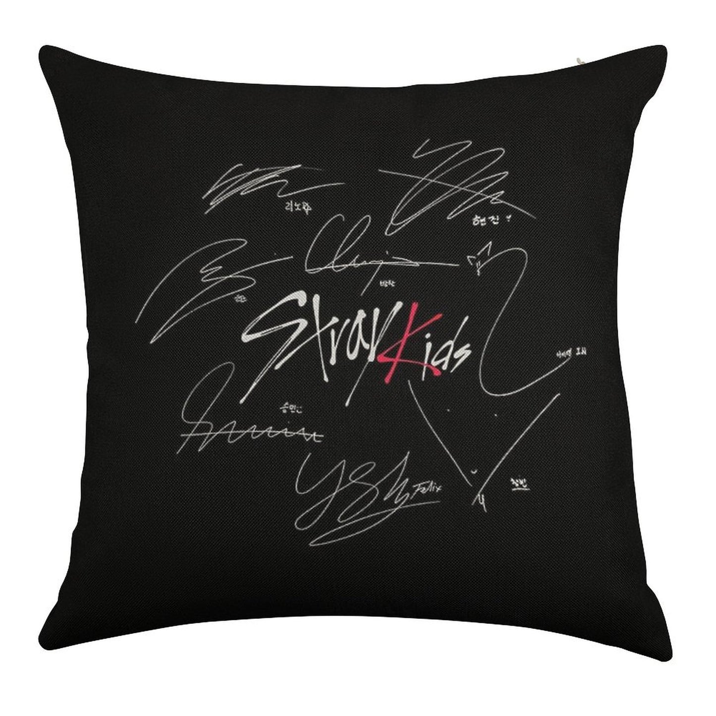 Stray Kids OT8 - Logo with Signatures (black) Linen Throw Pillow Cover