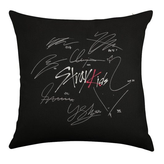 Stray Kids OT8 - Logo with Signatures (black) Linen Throw Pillow Cover
