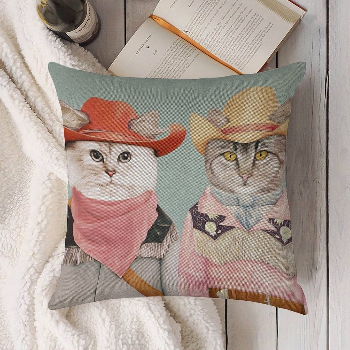 Cowboy Cats Linen Throw Pillow Cover
