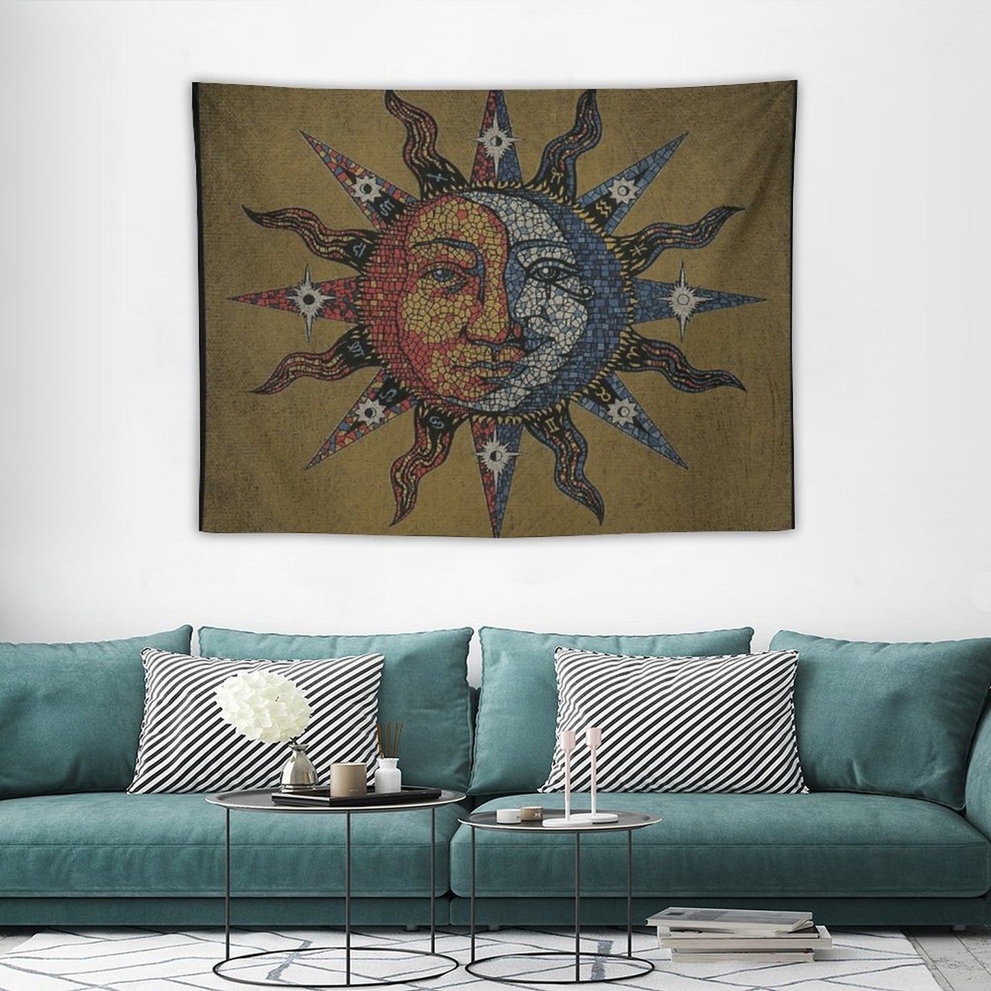 Vintage Celestial Mosaic Sun & Moon Tapestry