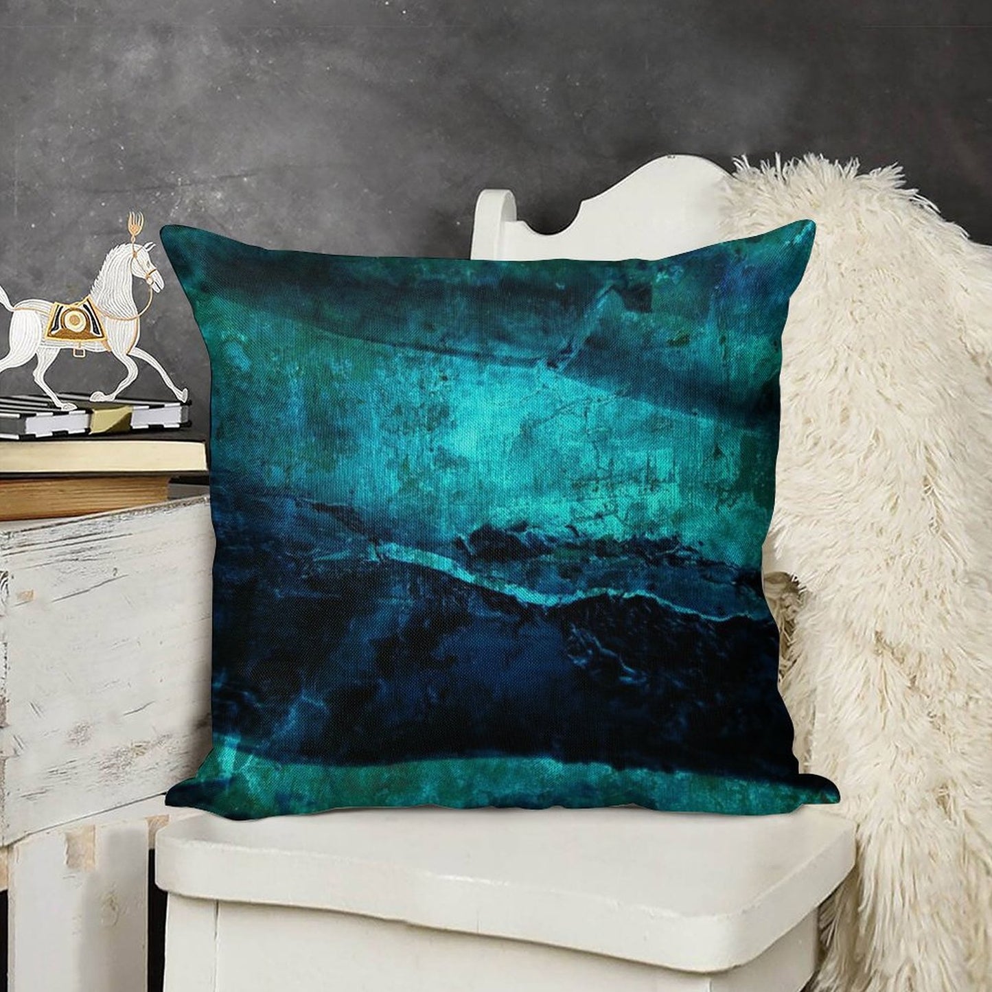 Beneath - Abstract in Navy Blue And Turquoise Linen Throw Pillow Cover