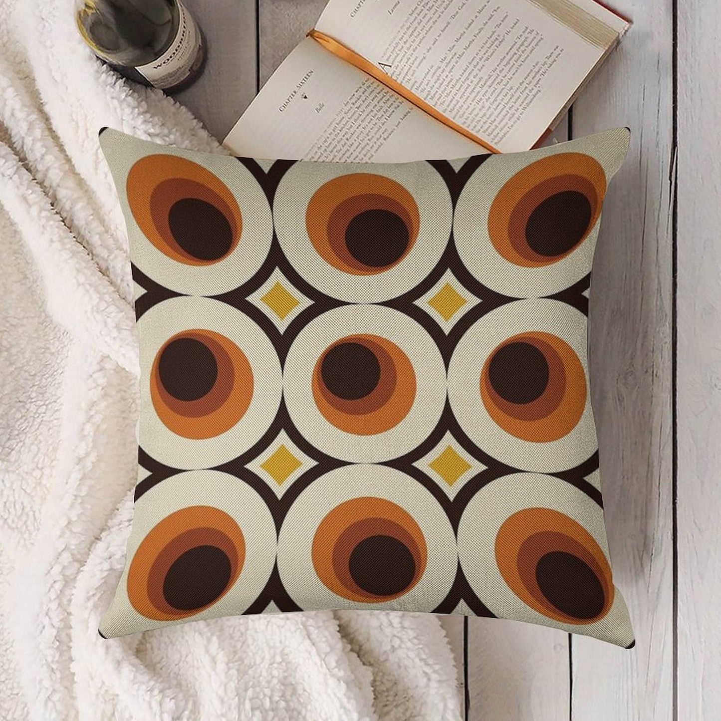 1970s Orange Mid-Century Modern Circle 1 Linen Throw Pillow Cover