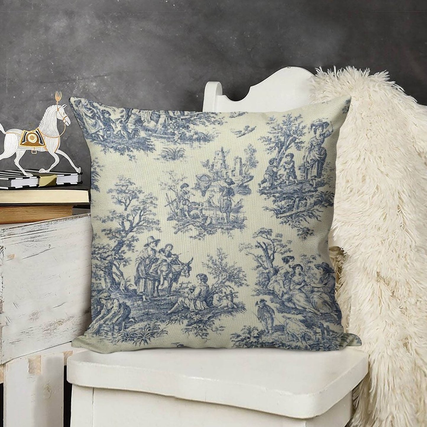 Powder Blue French Toile Picnic Designs Linen Throw Pillow Cover