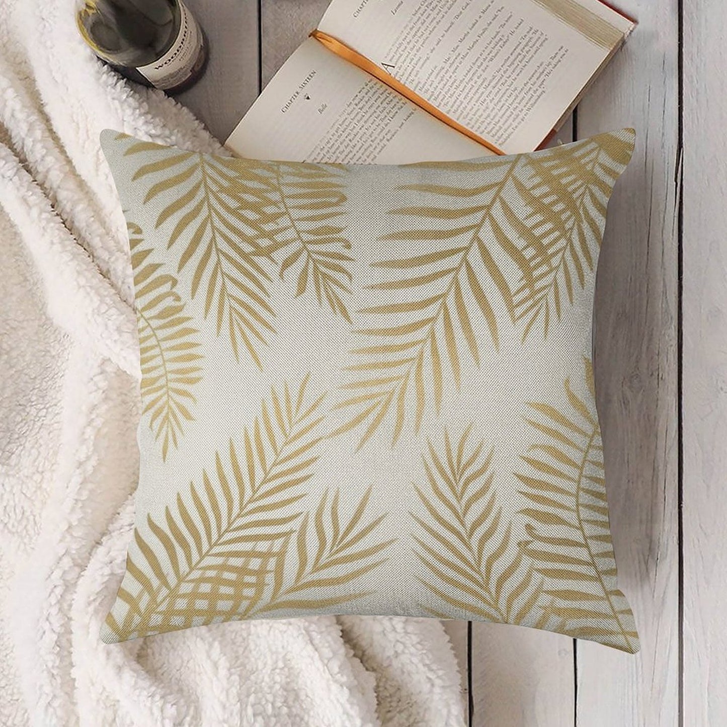 Gold Palm Leaves Linen Throw Pillow Cover