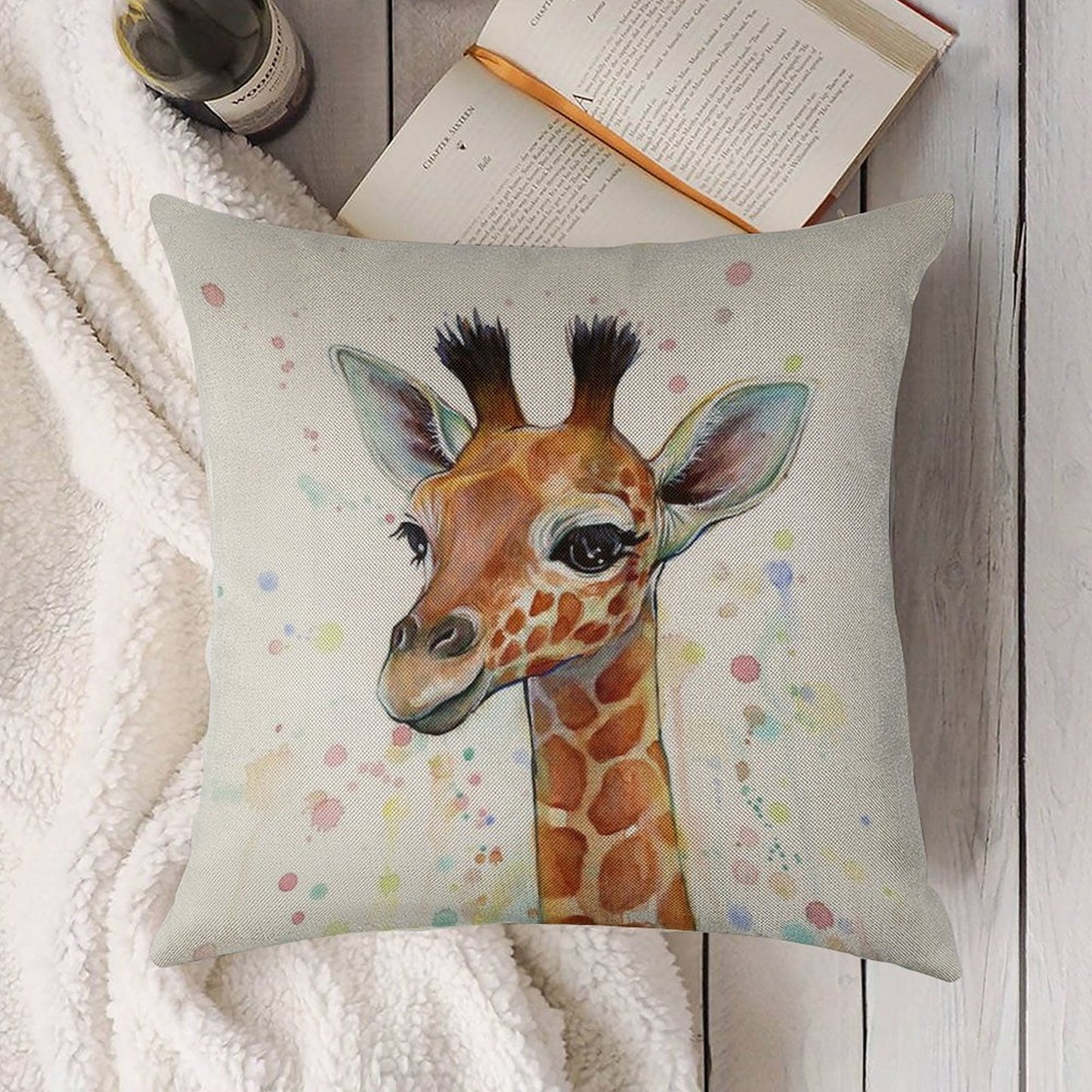 Baby Giraffe Watercolor Painting, Nursery Art Linen Throw Pillow Cover