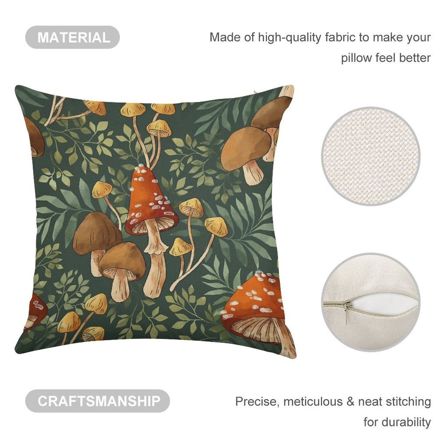 Woodland Mushroom Spray Linen Throw Pillow Cover