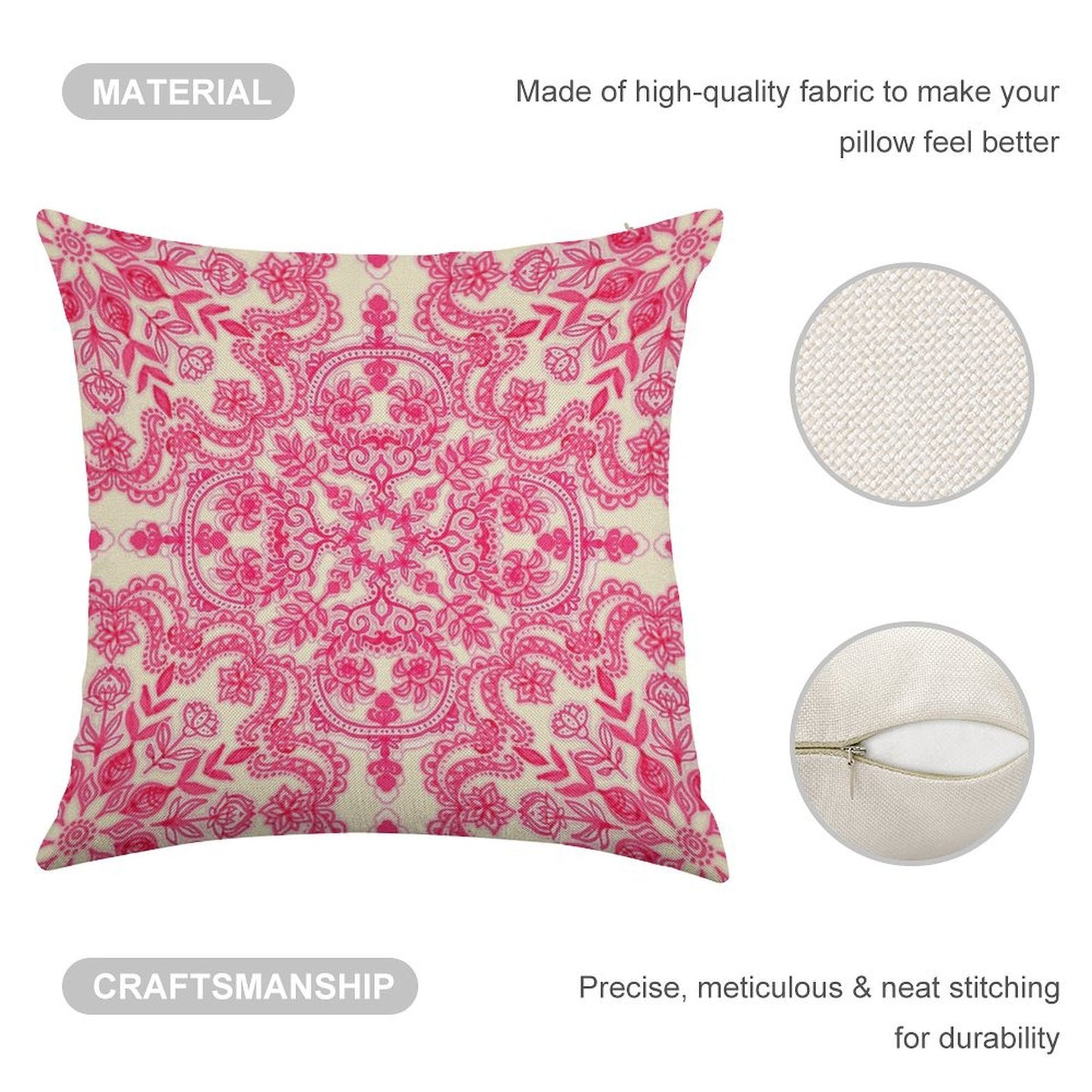 Hot Pink & Soft Cream Folk Art Pattern Linen Throw Pillow Cover