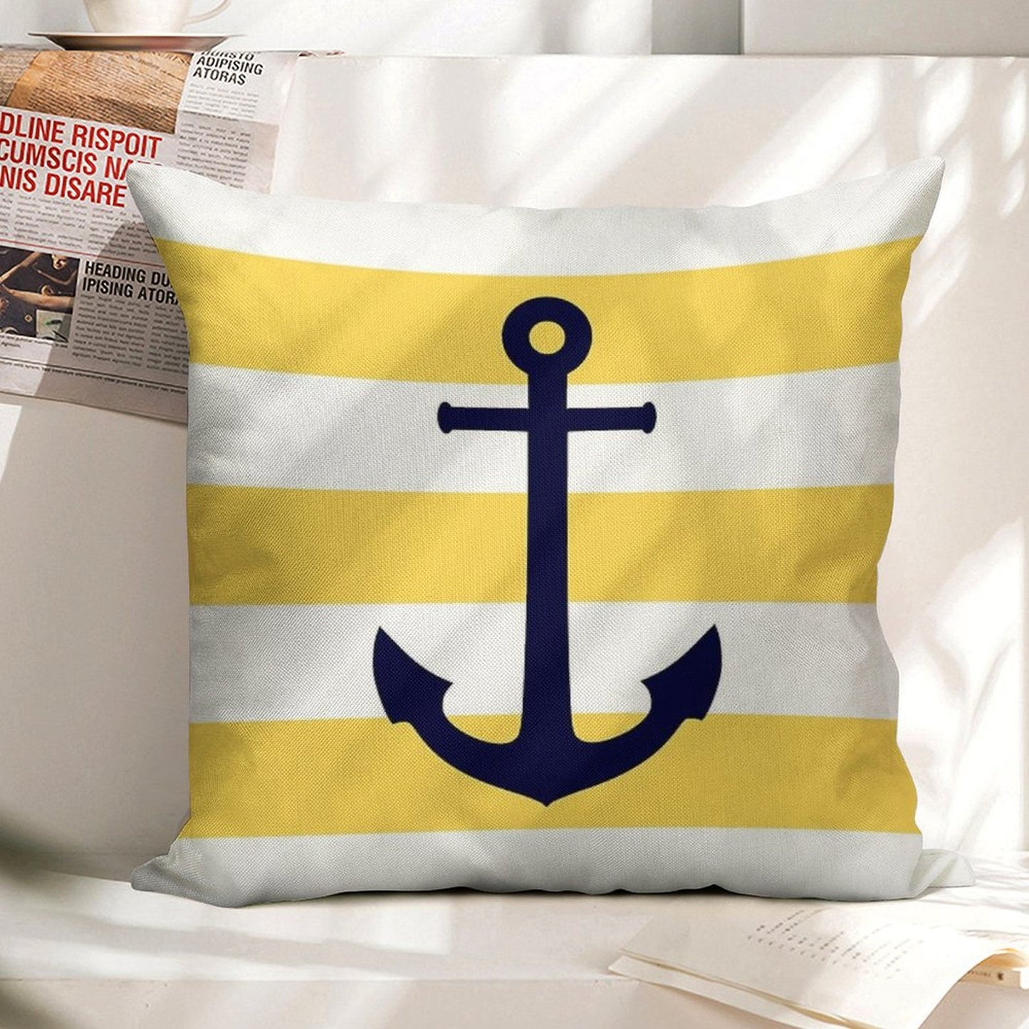 Nautical Navy Blue Anchor On Mustard Yellow Stripes Linen Throw Pillow Cover