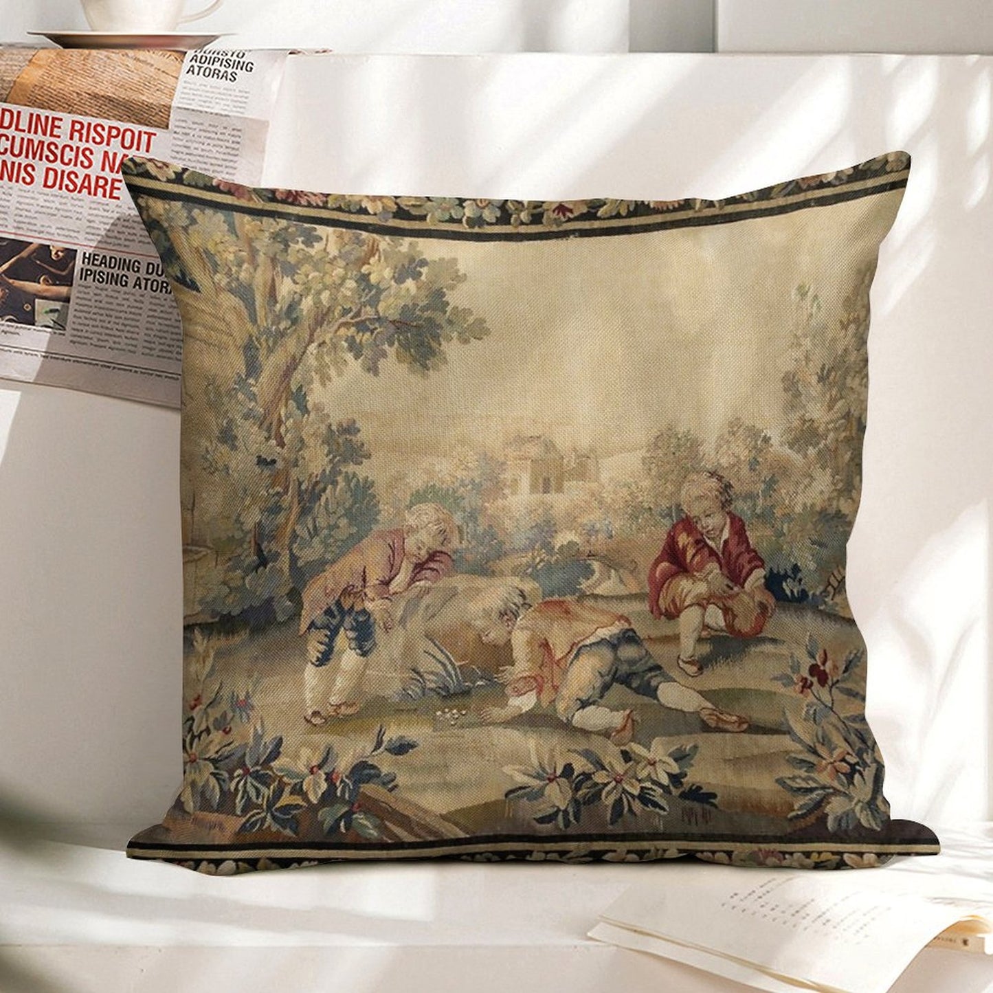 Aubusson Antique French Tapestry Print Linen Throw Pillow Cover