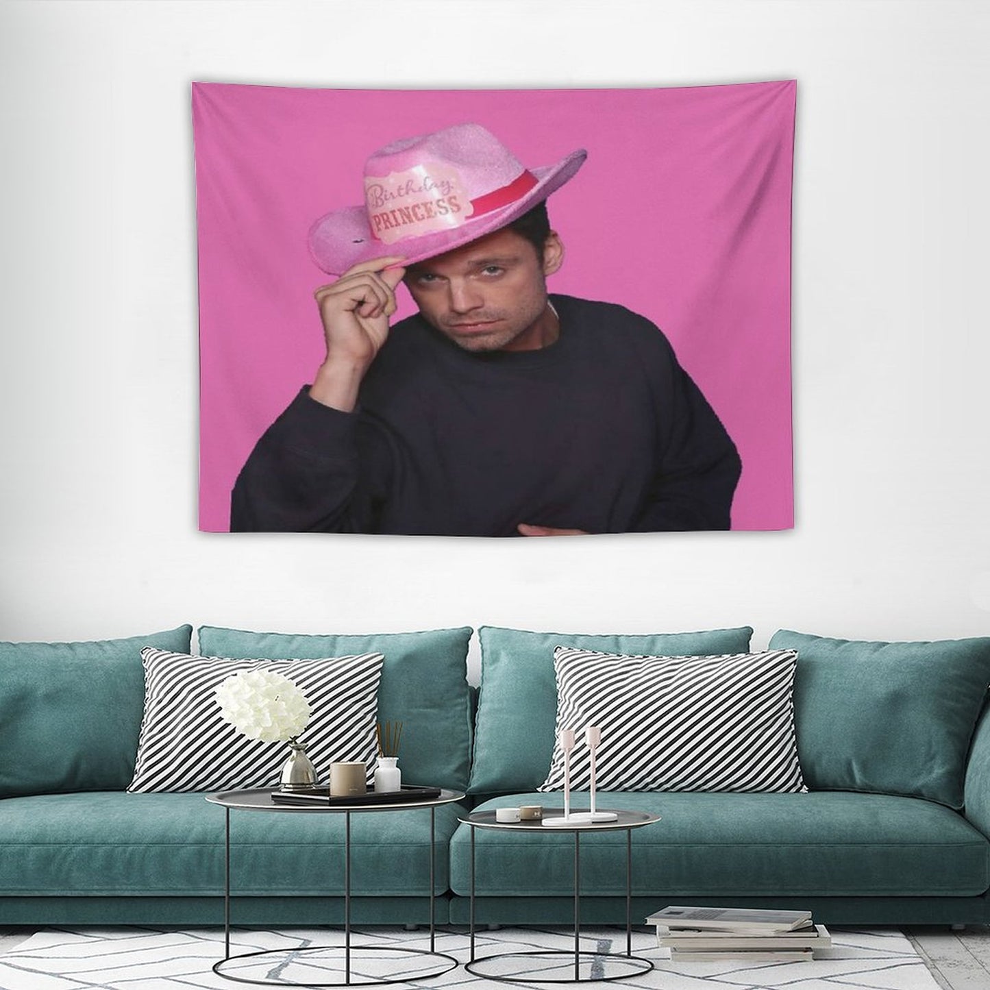 Yes Haw! Sebastian Stan with Pink Birthday Princess Cowboy Hat Tapestry