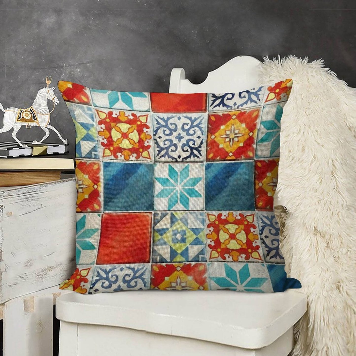 Colorful Azulejos Tiles from Azul Board Game Linen Throw Pillow Cover