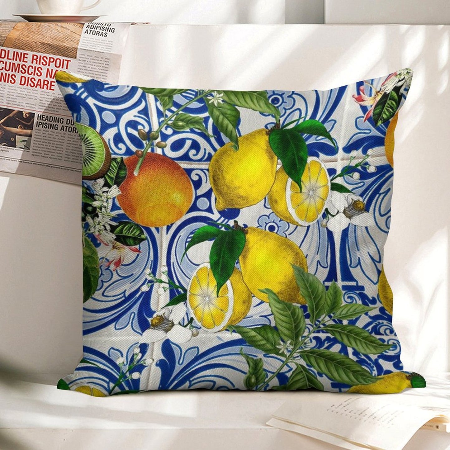 Mediterranean Lemon on Blue Ceramic Tiles Linen Throw Pillow Cover